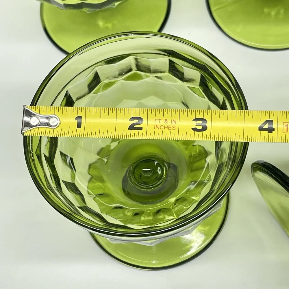 Vtg Indiana Glass Avocado Green‎ Footed Cubist Sherbet Dessert Dishes Lot of 4
